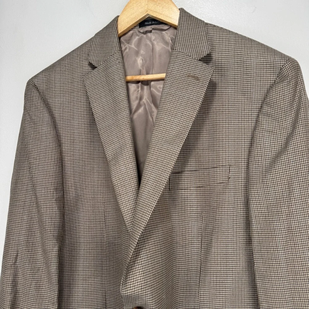 Lauren Ralph Lauren Blazer Sport Coat Men 44R Houndstooth Brown 2 Btn Poly Rayon
